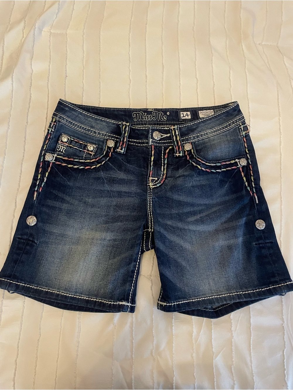Kids Miss Me Dark Wash Denim Shorts with Embroidered Trim